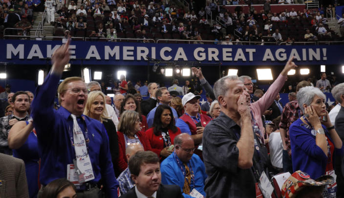 <p>Republican National Convention delegates yell and scream as the Republican National Committee Rules Committee announces that it will not hold a recorded vote on the Rules Committee’s Report and rejects the efforts of anti-Trump forces to hold a roll-call vote, at the Republican National Convention in Cleveland, Ohio, U.S., July 18, 2016. (Brian Snyder /Reuters)</p>