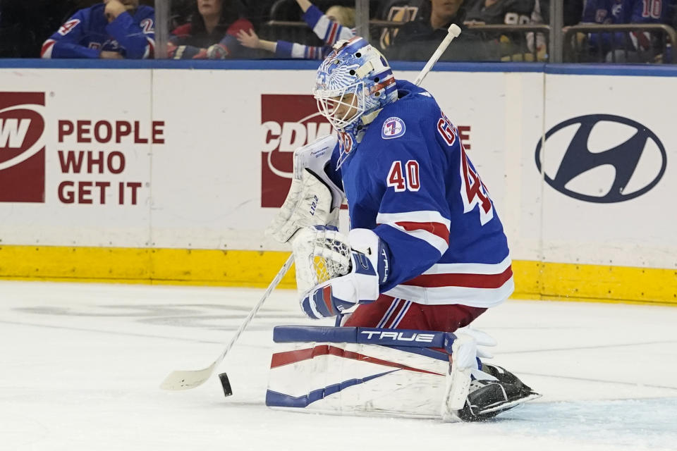 New York Rangers goaltender Alexandar Georgiev makes the save against the Vegas Golden Knights during the second period of an NHL hockey game, Friday, Dec. 17, 2021, at Madison Square Garden in New York. (AP Photo/Mary Altaffer)