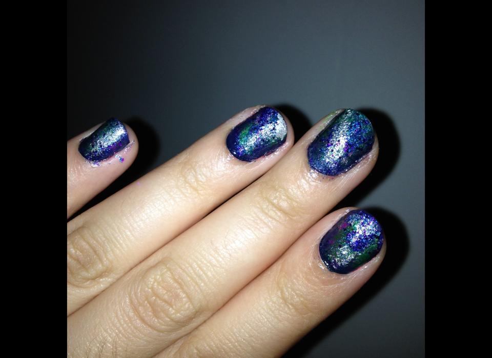 "I thought that I had decided to go plain dark blue for this week but I couldn't help it. I had to go galactic! Base: Cinde Midnight Sapphire, Galaxies: Cinde Silver Chrome, Cinde Plumville, Nails Inc Special Effects Connaught Square & Prevail Lady Luck, Clear Top Coat." Erica Cheung, HuffPost Style Intern