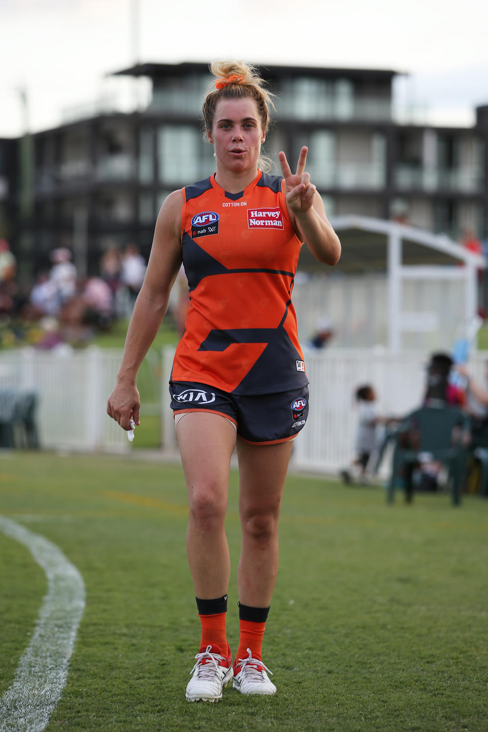 Jacinda Barclay of GWS Giants walks off the field after victory in the round five AFLW match.