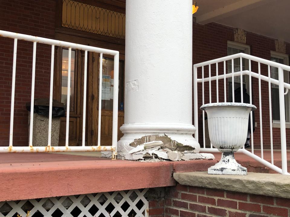 A column shows need for repair on the front porch of Portage Manor in South Bend on March 2, 2023.