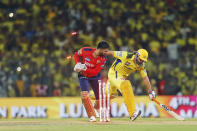 Chennai Super Kings' MS Dhoni gets run out by Punjab Kings' Jitesh Sharma during the Indian Premier League cricket match between Chennai Super Kings and Punjab Kings in Chennai, India, Wednesday, May 1, 2024. (AP Photo/R. Parthibhan)