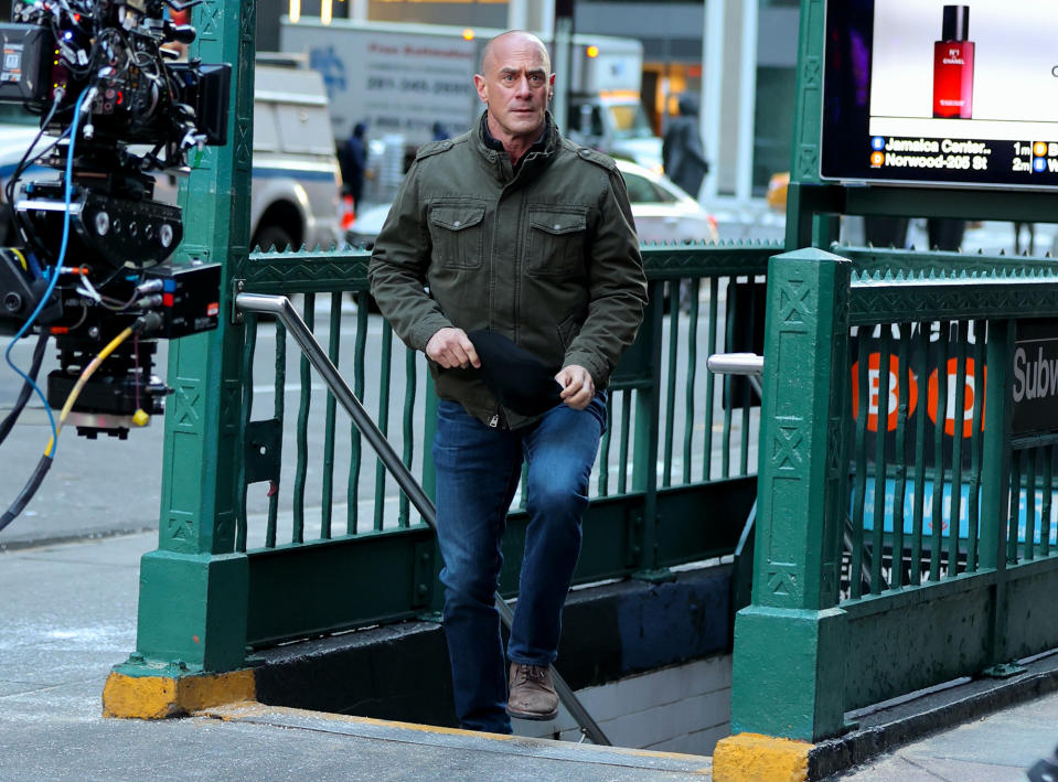 <p>On a freezing N.Y.C. day, Christopher Meloni films a scene of <em>Law and Order: Organized Crime</em> in Midtown, Manhattan on Jan. 11.</p>