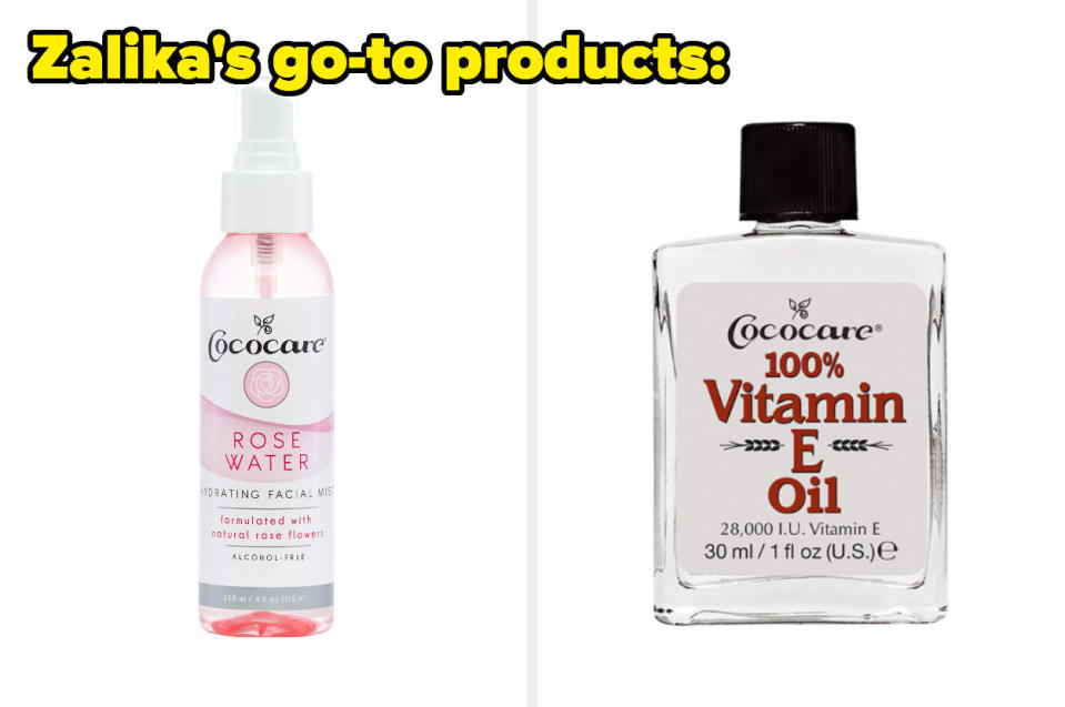 a spray bottle of cococare rose water, a glass bottle of cococare vitamin e oil