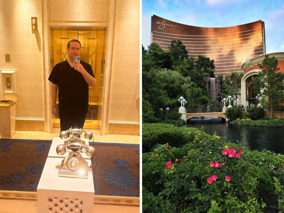 Pictures of a man taking a selfie in front of an elevator and the exterior of Wynn Las Vegas Resort.