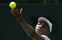 United States's Venus Williams attends a practice session ahead of the Wimbledon Tennis Championships in London Saturday, June 29, 2019. The Wimbledon Tennis Championships start on Monday, July 1 and run until Sunday, July 14, 2019. (AP Photo/Ben Curtis)