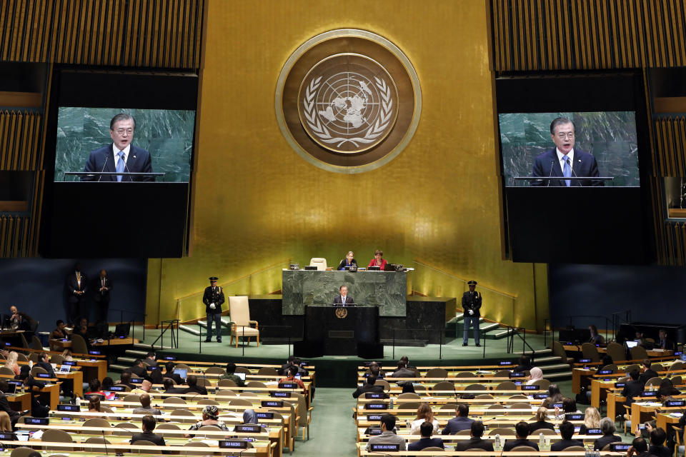 South Korea's President Moon Jae-in addresses the 74th session of the United Nations General Assembly, Tuesday, Sept. 24, 2019. (AP Photo/Richard Drew)