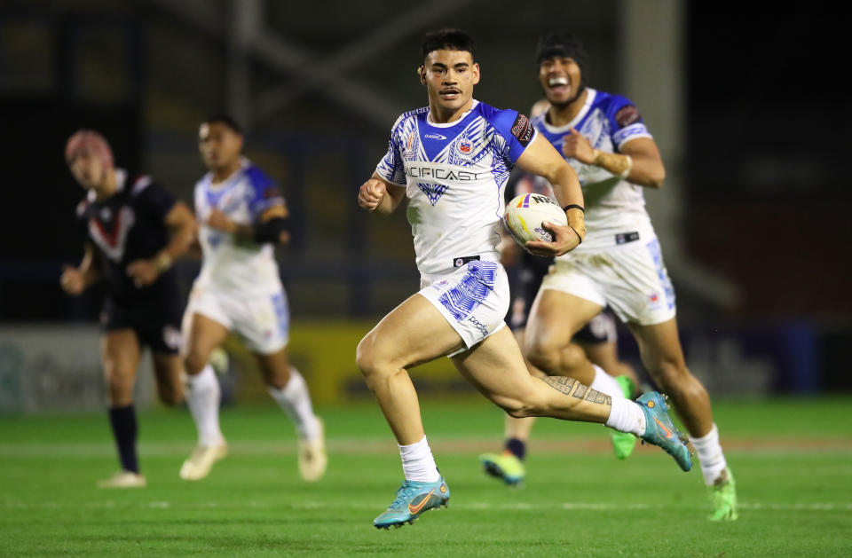 Tyrone May, pictured here scoring for Samoa against France at the Rugby League World Cup.