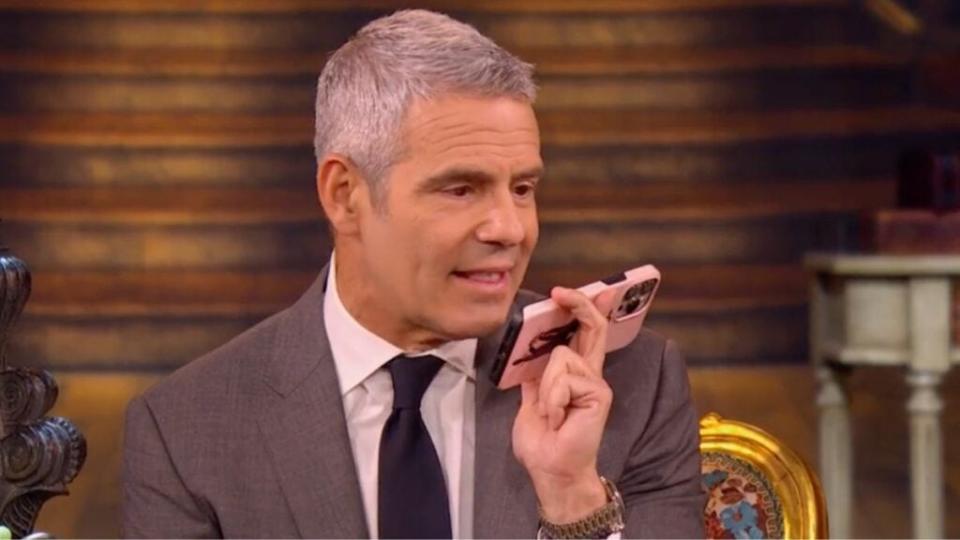 Andy Cohen on phone with Gia Giudice during "The Real Housewives of New Jersey" reunion part three (Photo credit: Bravo)