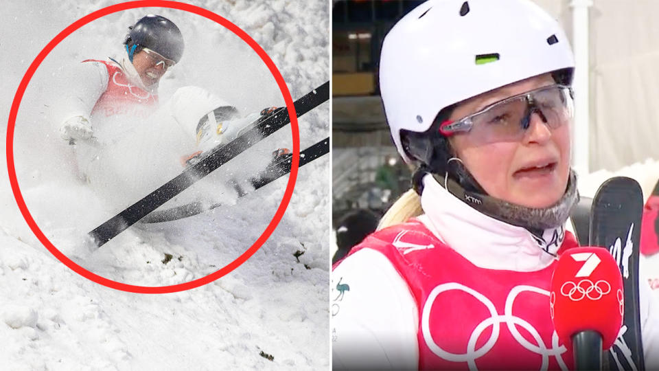 Aussies Laura Peel (L) and Danielle Scott were both left bitterly disappointed in the women's aerials on Monday night in Beijing. Pic: Getty/Ch7