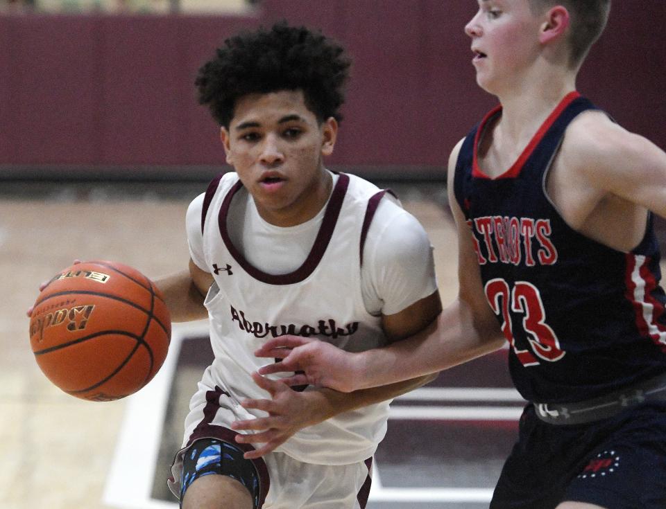 Abernathy's Darion Duvall dribbles the ball against Lubbock-Cooper Liberty in a District 2-3A basketball game, Friday, Jan. 5, 2024, at Antelope Gym in Abernathy.