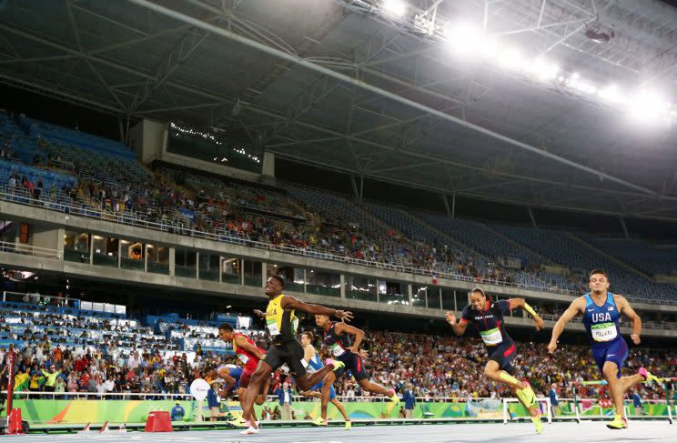 Omar McLeod won the men's 110M hurdles, while Devon Allen (far right) took fifth. (Getty Images)