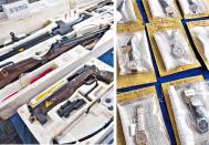深圳警方展示涉案物品，包括七把弩弓。