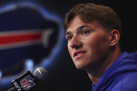 Buffalo Bills second-round draft pick Cole Bishop addresses the media during an NFL football news conference in Orchard Park, N.Y., Saturday, April 27, 2024. (AP Photo/Jeffrey T. Barnes)