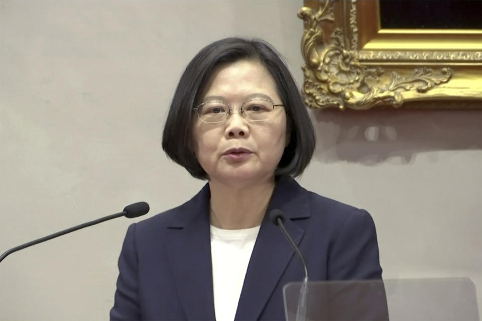 In this image made from video, Taiwanese President Tsai Ing-wen speaks at news conference at presidential office in Taipei, Monday, Sept. 16, 2019. The Solomon Islands switched diplomatic recognition from Taiwan to China on Monday, becoming the latest country to leave the dwindling Taiwanese camp.(AP Photo)