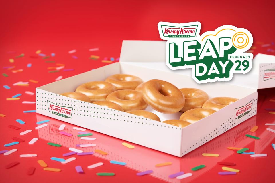 Krispy Kreme is offering customers a dozen original glazed donuts for $2.29 with the purchase of a regularly priced dozen on Feb. 29 to celebrate Leap Day.