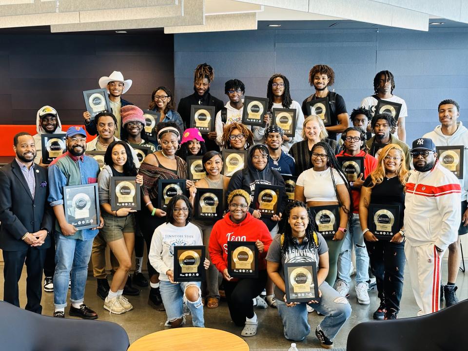 Brian Sexton from Nashville Music Equality, TSU professor Larry Jenkins Jr., Jackie Jones (Recording Industry Association of America's senior vice president of Artist and Industry Relations), BMAC co-founder and CEO Willie "Prophet" Stiggers with TSU students