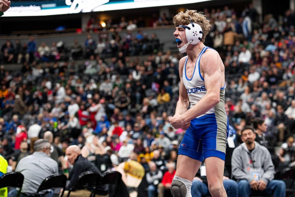 Poudre's Billy Greenwood celebrates a win after his semifinal match at the Colorado state wrestling tournament at Ball Arena in Denver, Colo., on Friday, Feb. 16, 2024.