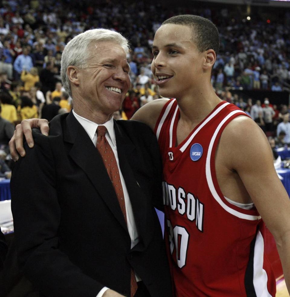 Davidson coach Bob McKillop (left) coached former Wildcat star Steph Curry from 2006-09 at the school and said Curry’s graduation Sunday, 13 years after he left, was a “superb, remarkable story.”