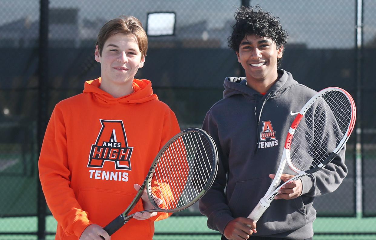 Anson Bernard (left) and Tharun Raju qualified for the 2A state doubles tournament in boys tennis in 2023. The Ames duo plans on making it back to Iowa City in 2024, and they also want to help the Little Cyclones qualify for the 2A boys state team tournament.