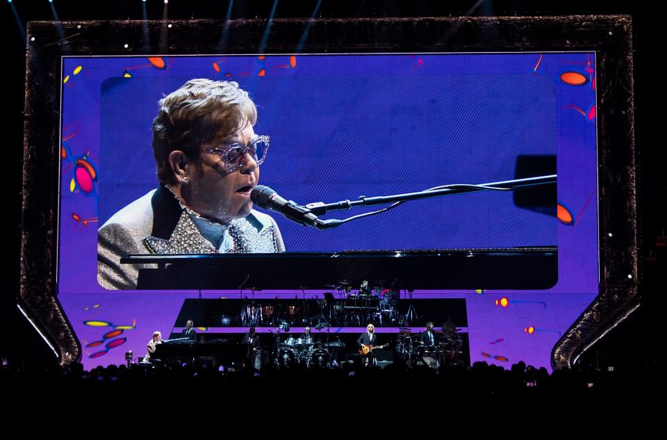 Elton John performs on stage during his "Farewell Yellow Brick Road" tour at Wells Fargo Arena on Saturday, March 26, 2022, in Des Moines.