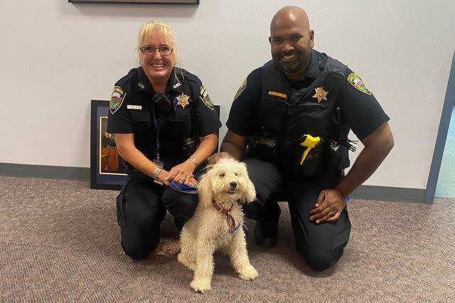 <p>Riverton WY Police Department/Facebook</p> Police officers with the Riverton, Wyoming Police Department pose with Teddy.