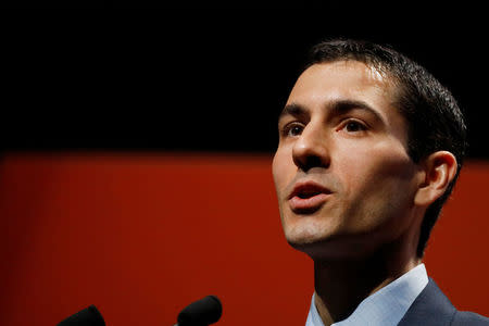 Alexander Captain, Founder, Managing Partner and Portfolio Manager at Cat Rock Capital Management LP, presents during the 2018 Sohn Investment Conference in New York City, U.S., April 23, 2018. REUTERS/Brendan McDermid