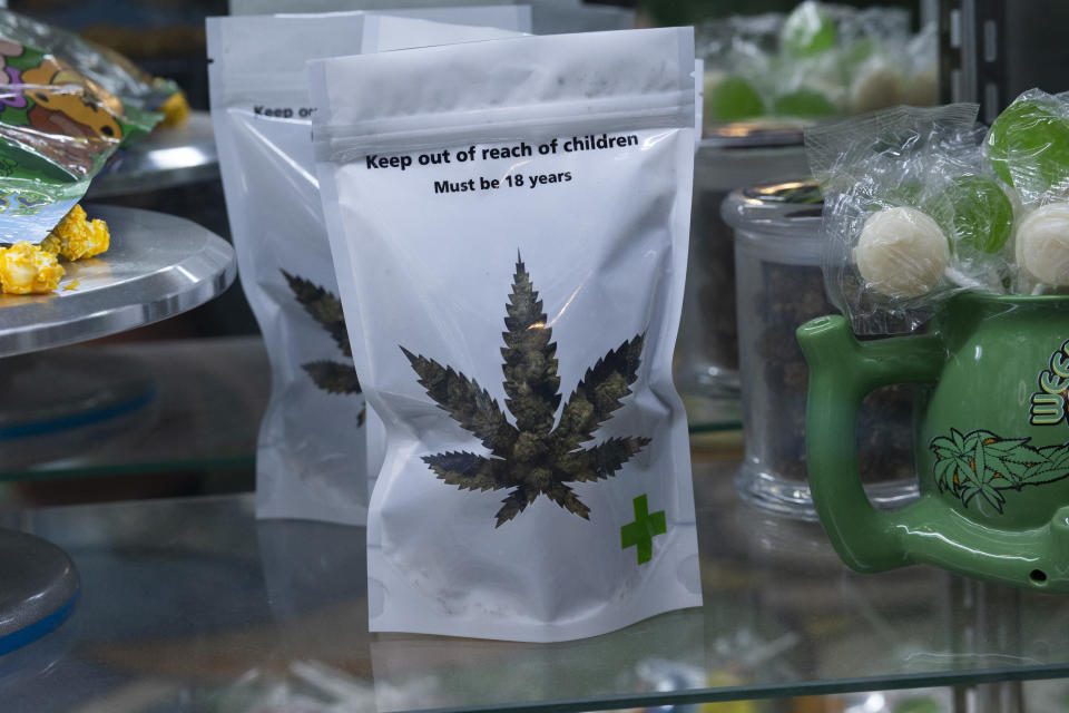 Marijuana products are displayed at the Weed World store on March 31, 2021, in New York. - New York Governor Andrew Cuomo signed legislation legalizing recreational marijuana on March 31. 2021, with a large chunk of tax revenues from sales set to go to minority communities. (Kena Betancur/AFP via Getty Images)