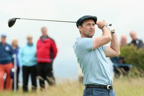 Dougray Scott hits a tee shot during the 2015 Aberdeen Asset Management Scottish Open at Gullane Golf Club in Scotland - Credit: Getty