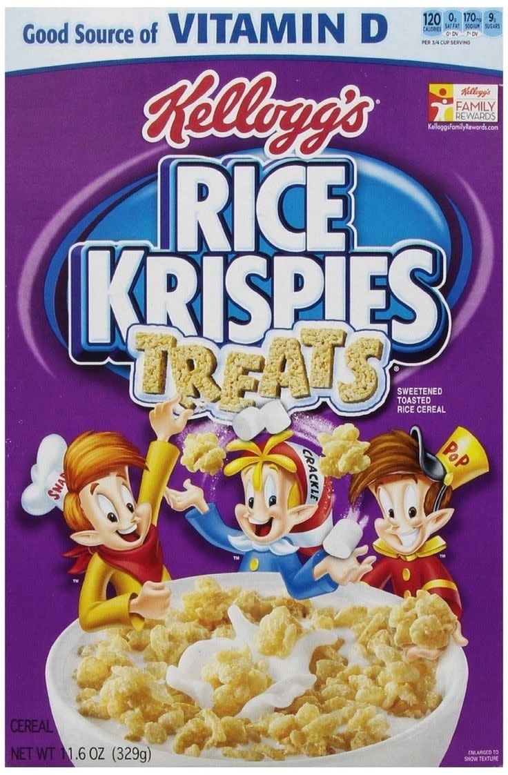 Kellogg's Rice Krispies Treats cereal box showing Snap, Crackle, and Pop mascots above a bowl of cereal. Text mentions vitamin D and nutrition facts