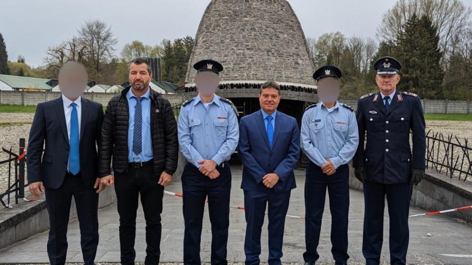 From left to right, an unnamed person; adviser Nissim Zimber; Lt. Col. R, head of the Arrow weapon system engineering department; Moshe Patel, director of IMDO; Col. T, head of the upper-tier division in the IMDO; and Col. Carsten Koepper, head of the program to export the Arrow 3 to Germany. (Israeli Defense Ministry)