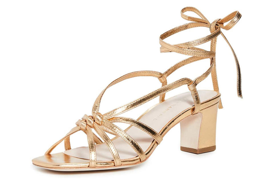 sandals, gold, ankle wrap, wrap, heels, loeffler randall