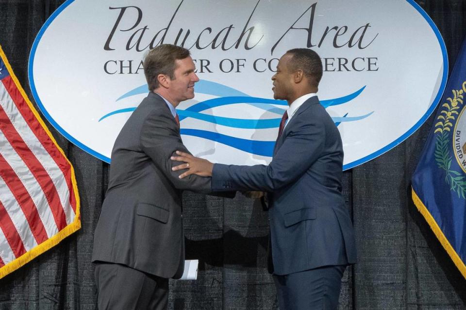 Democratic Gov. Andy Beshear and Attorney General Daniel Cameron (R) shake hands before debating issues in the gubernatorial election. For coverage of Thursday’s debate, visit kentucky.com.