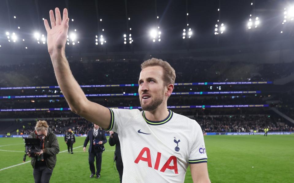 Harry Kane of Tottenham Hotspur waves to the fans having broken Jimmy Greaves record to become Tottenham's all time record goal scorer following the Premier League match between Tottenham Hotspur and Manchester City at Tottenham Hotspur Stadium - Getty Images/Tottenham Hotspur FC