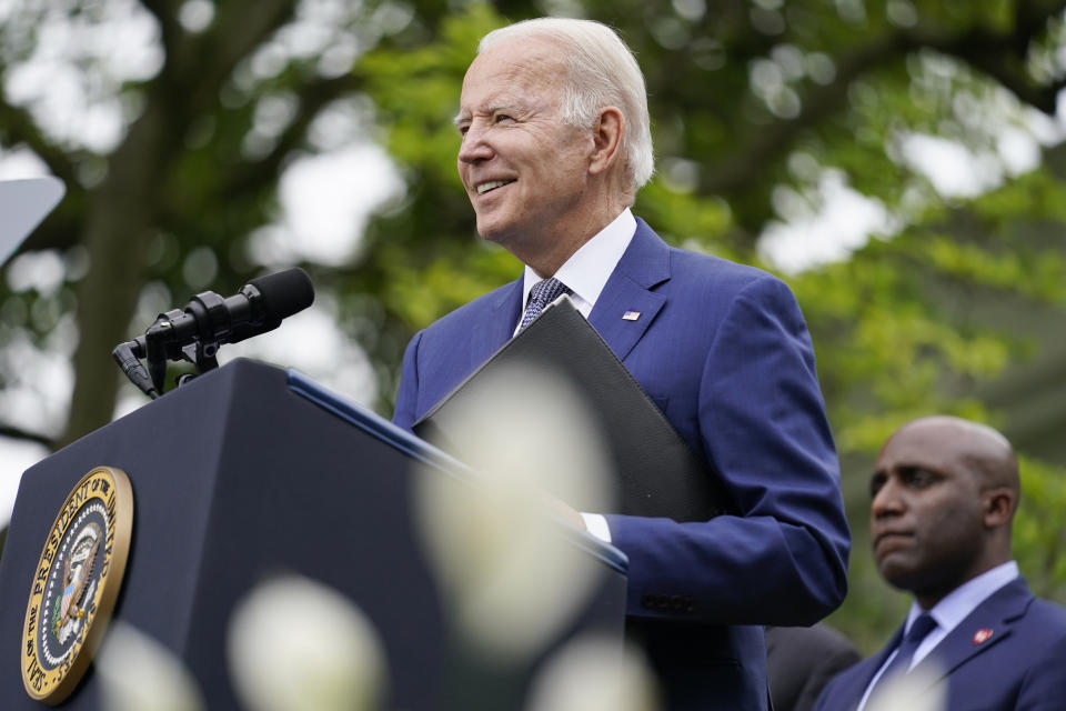 President Joe Biden speaks in the Rose Garden of the White House in Washington, Friday, May 13, 2022, during an event to highlight state and local leaders who are investing American Rescue Plan funding. (AP Photo/Andrew Harnik)