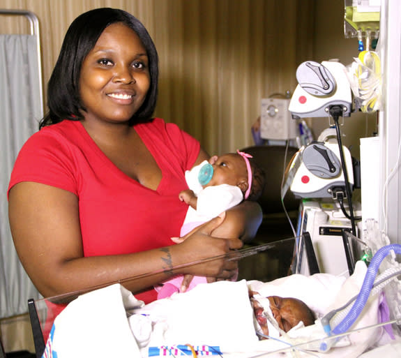 Amber Eady, a mother of premature twins, says both of her babies respond almost immediately to the soothing power of pacifiers, including one especially for preemies that was developed by researcher and nurse Harriet Miller of Winnie Palmer Hos