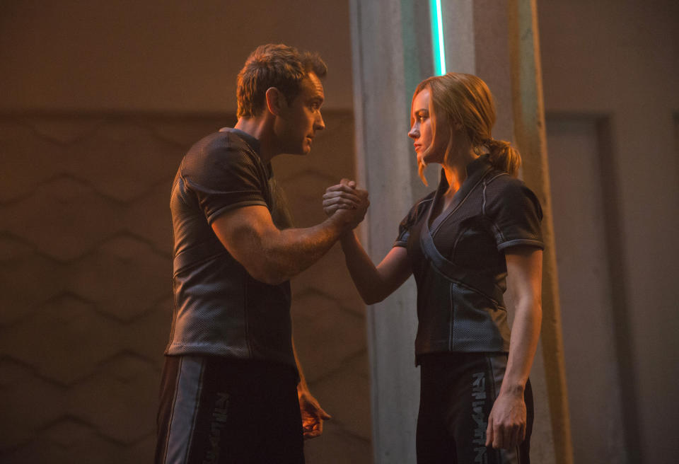 This image released by Disney-Marvel Studios shows Jude Law, left, and Brie Larson in a scene from "Captain Marvel." (Chuck Zlotnick/Disney-Marvel Studios via AP)