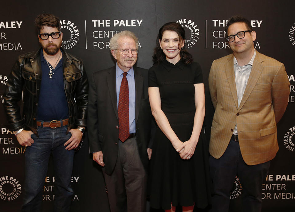 (L-R) Adam Goldberg, Menachem Rosensaft, Julianna Margulies and Jason Zinoman attend a panel for "Media's Role In Combating Antisemitism: Jewish Representation On Television" at The Paley Center for Media on June 15, 2023 in New York City.