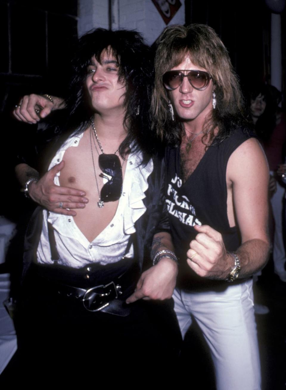 <p>Nikki Sixx of Mötley Crüe and Jay Jay French of Twisted Sister at the Mötley Crüe After Concert Party on August 14, 1985.</p>