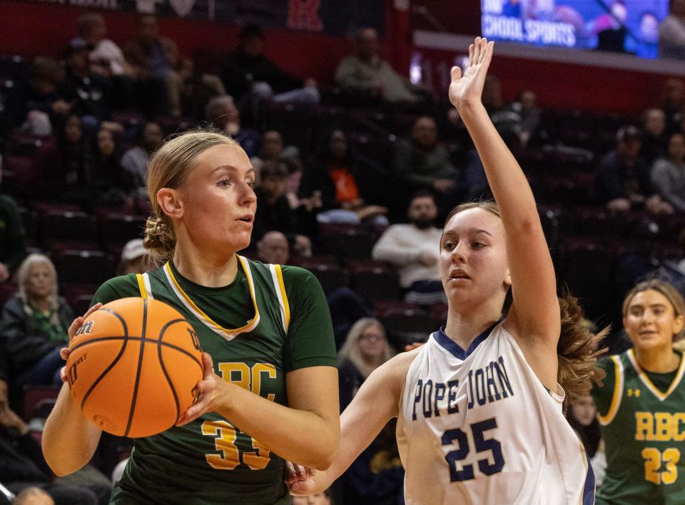 RBC Christina Liggio turns to the basket to shoot. Red Bank Catholic Girls dominate Pope John 80-23 in NJSIAA Non Public A final at Piscataway, NJ on March 8, 2024.