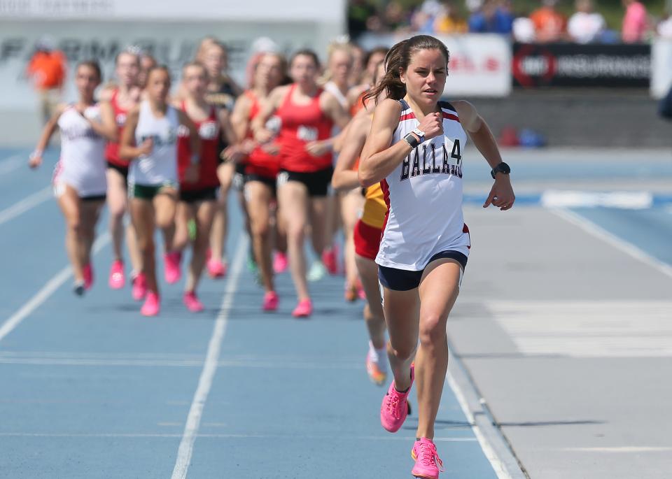 Ballard's Paityn Noe leads the 3A girls 1,500-meter run on the final day of the Iowa high school track and field meet. Noe won the final race of her decorated career in a 3A-record time of 4:28.80.