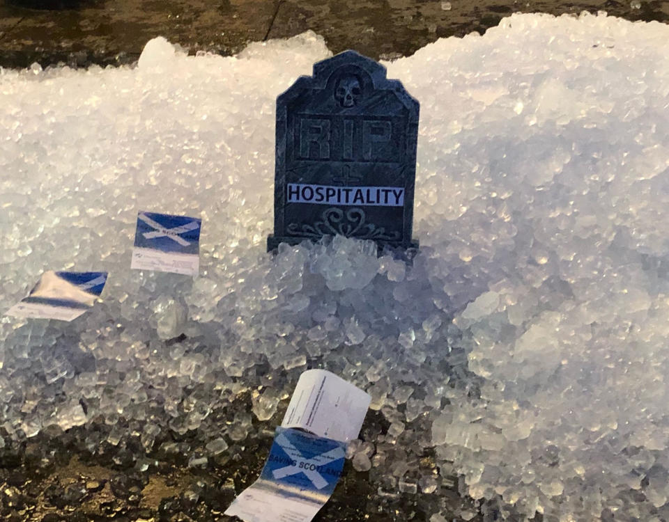 Left over ice dumped on the street in Glasgow in a protest by hospitality workers, as temporary restrictions announced by First Minister Nicola Sturgeon to help curb the spread of coronavirus have come into effect from 6pm on Friday.