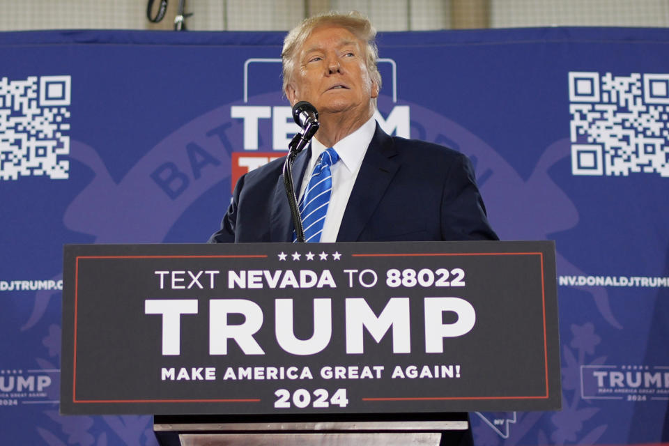 FILE - Republican presidential candidate former President Donald Trump speaks at a campaign event Jan. 27, 2024, in Las Vegas. When Trump left the White House three years ago, he was a pariah — a one-term president whose refusal to accept his reelection defeat culminated in an insurrection at the U.S. Capitol. But he is now on the cusp of a stunning turnaround, poised to recapture his party's nomination in record speed despite four criminal cases totaling 91 felony charges, as well as a civil fraud trial that threatens to strip him of control of much of his business empire. (AP Photo/John Locher, File)
