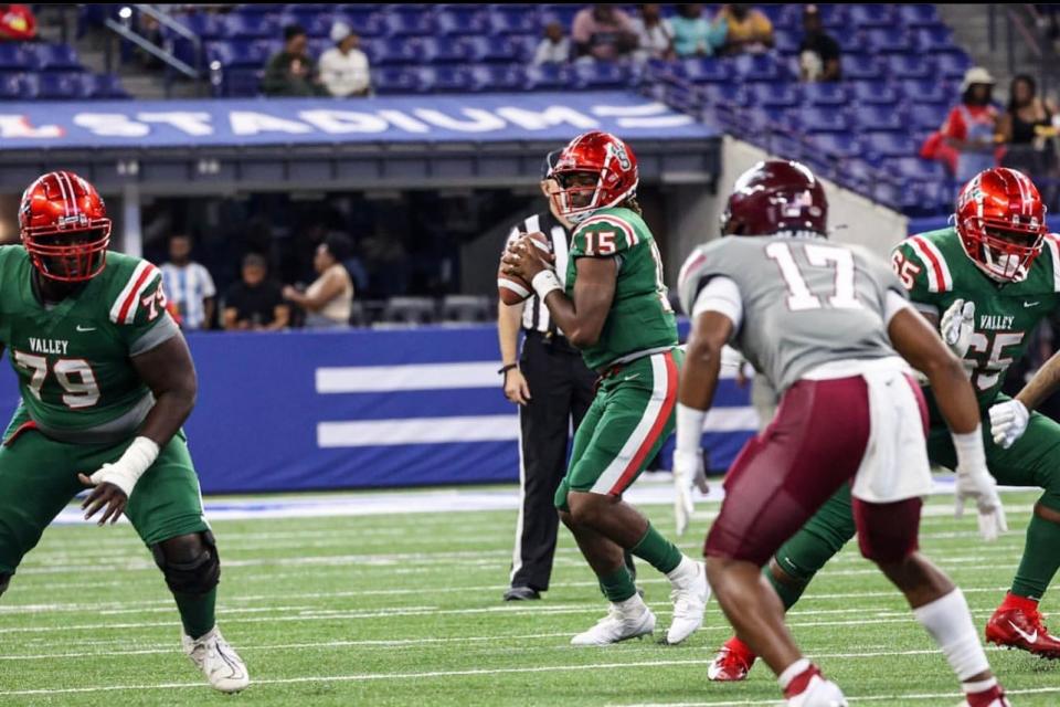 Mississippi Valley Delta Devils quarterback Ty'Jarian Williams (15) drops back to pass against the North Carolina Central Eagles during the Circle City Classic at Lucas Oil Stadium in Indianapolis, Indiana, Saturday, Sept. 23, 2023