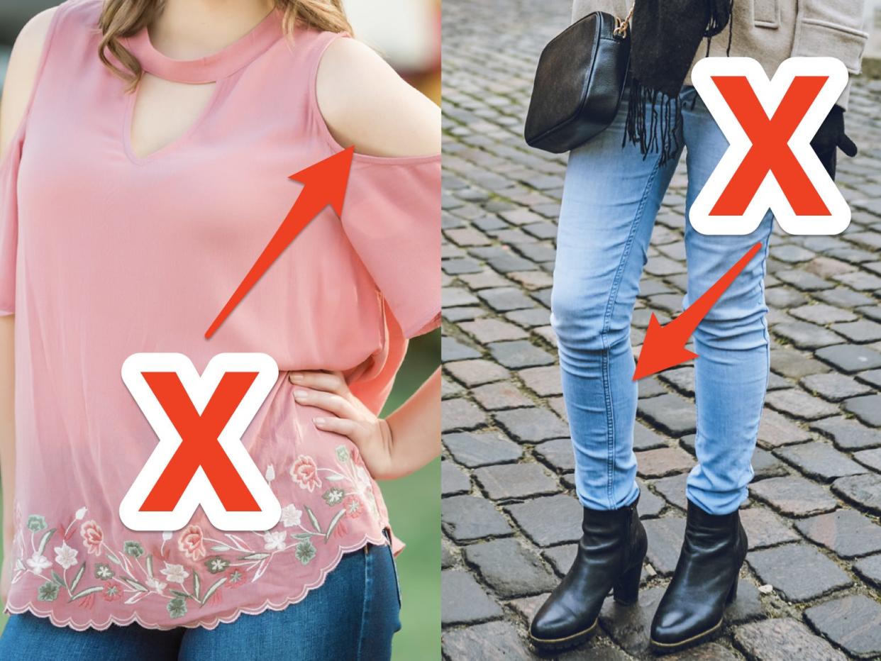red x pointing at cold shoulder top next to red x pointing at skinny jeans