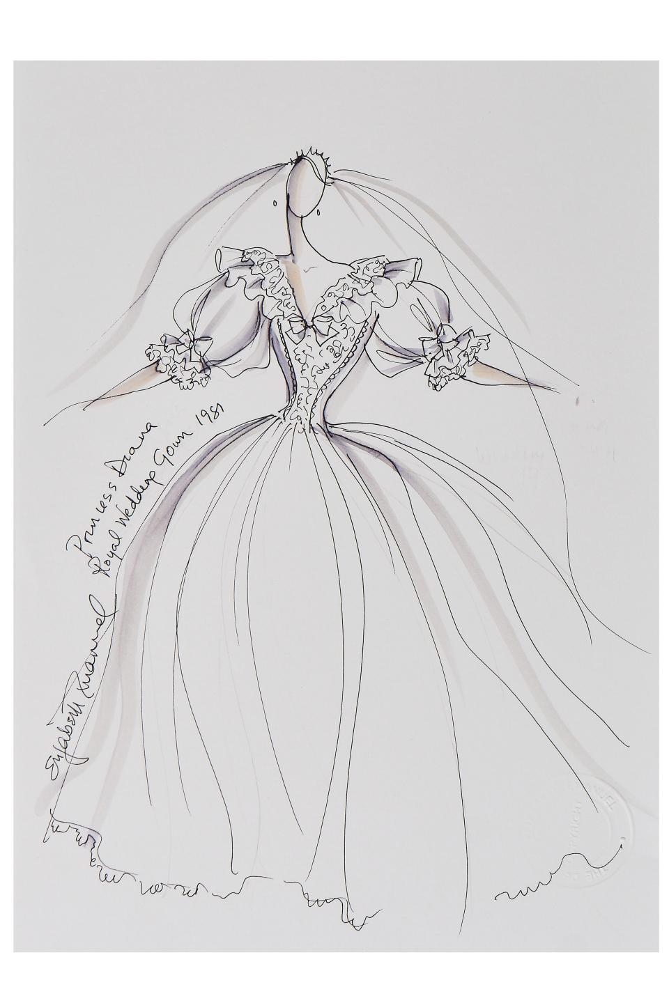 Elizabeth Emanuel fashion sketch of the 1981 Royal Wedding dress worn by Princess Diana. (Kerry Taylor auctions)