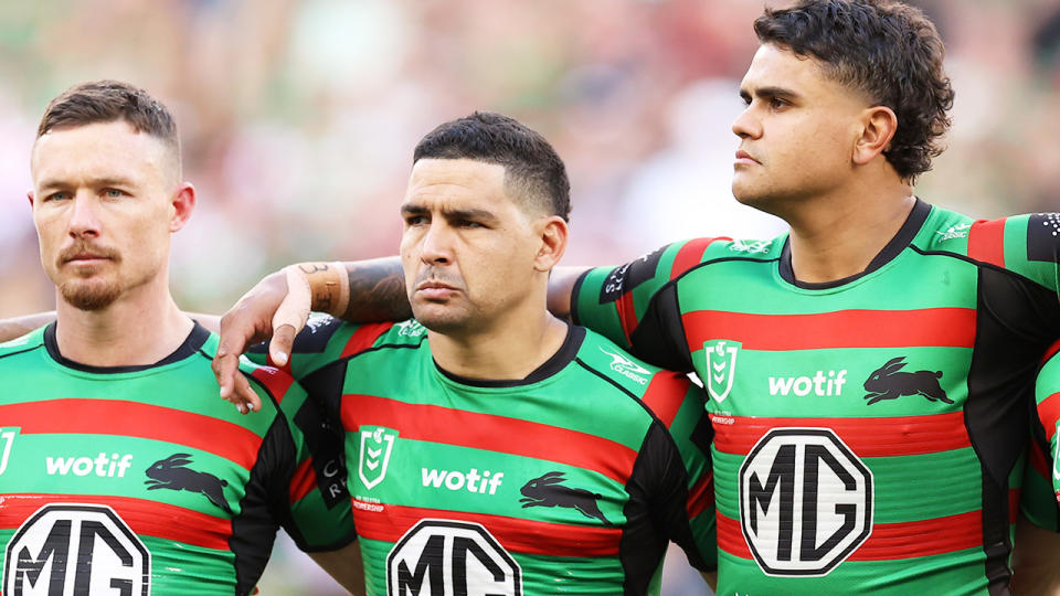 Damien Cook, Cody Walker and Latrell Mitchell, pictured here in action for South Sydney.