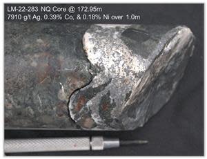 Native Silver & Cobalt Mineralization from hole LM-22-283 at 172.95m Depth.