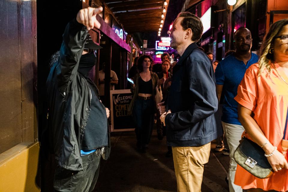 Comedian Ryan Hamilton runs into Judah Friedlander between sets outside the Comedy Cellar in Manhattan, New York, on Friday, June 16, 2023. | Gabriela Bhaskar, for the Deseret News