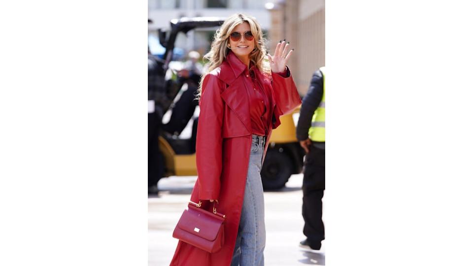 heidi klum red leather coat 